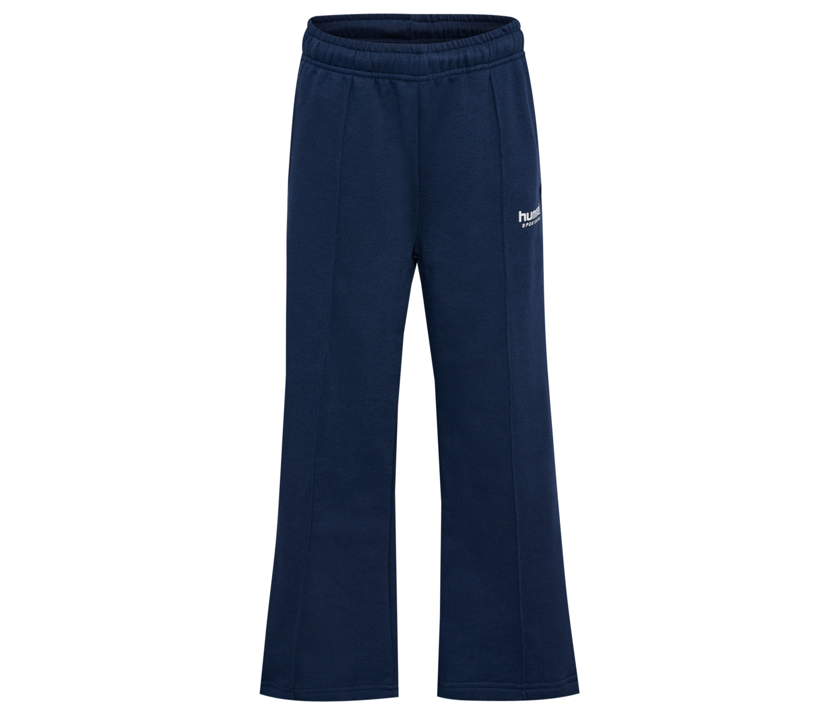 Un pantalon de survêtement ample hummel® HMLJR Loose WL Pintug bleu marine sur fond blanc.