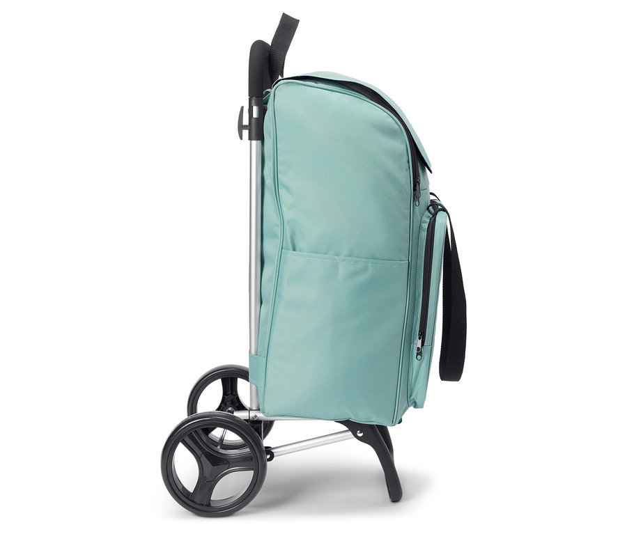 Sac de chariot de courses bleu clair avec roues et poignée noires.