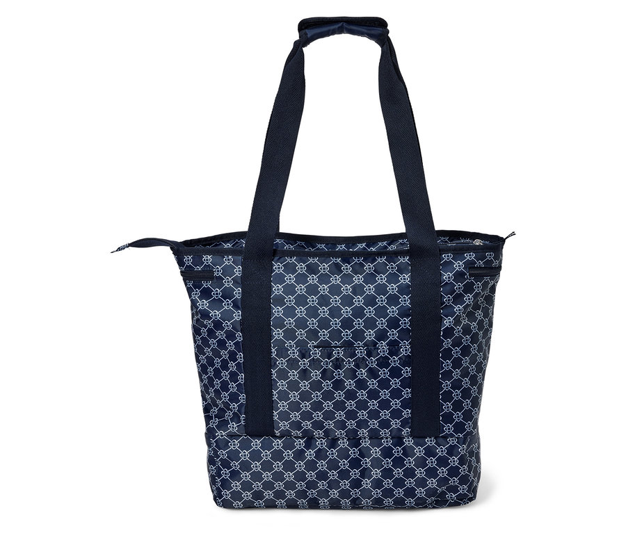 Sac fourre-tout bleu marine avec motif blanc, fermeture éclair et anses bleu marine.