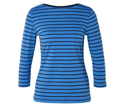 T-shirt bleu cintré à manches longues avec rayures horizontales noires sur fond blanc.