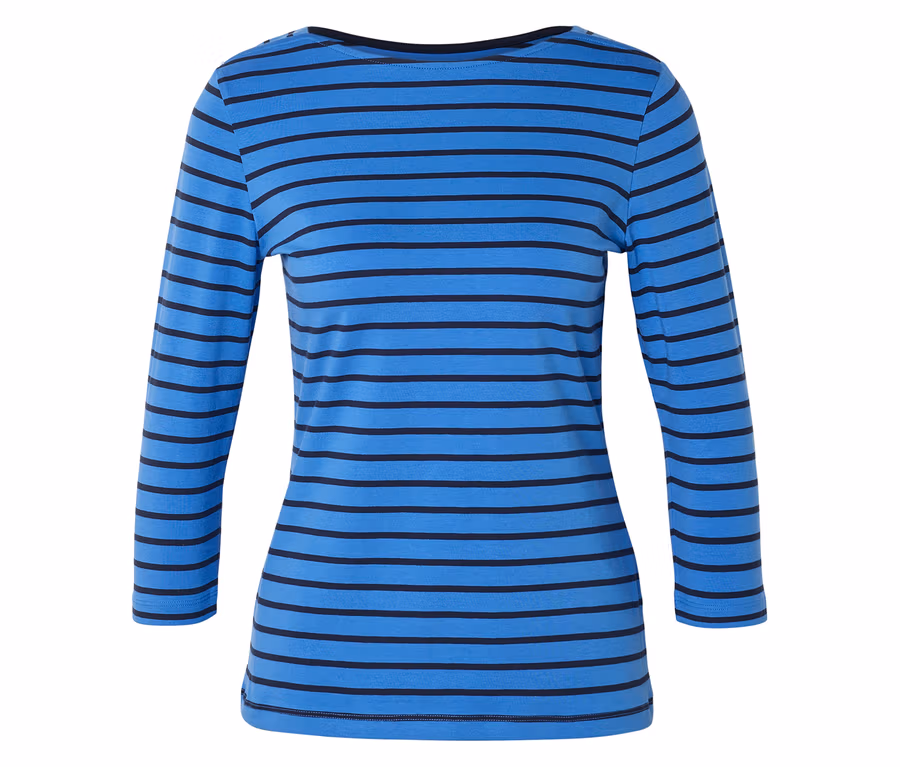 T-shirt bleu cintré à manches longues avec rayures horizontales noires sur fond blanc.