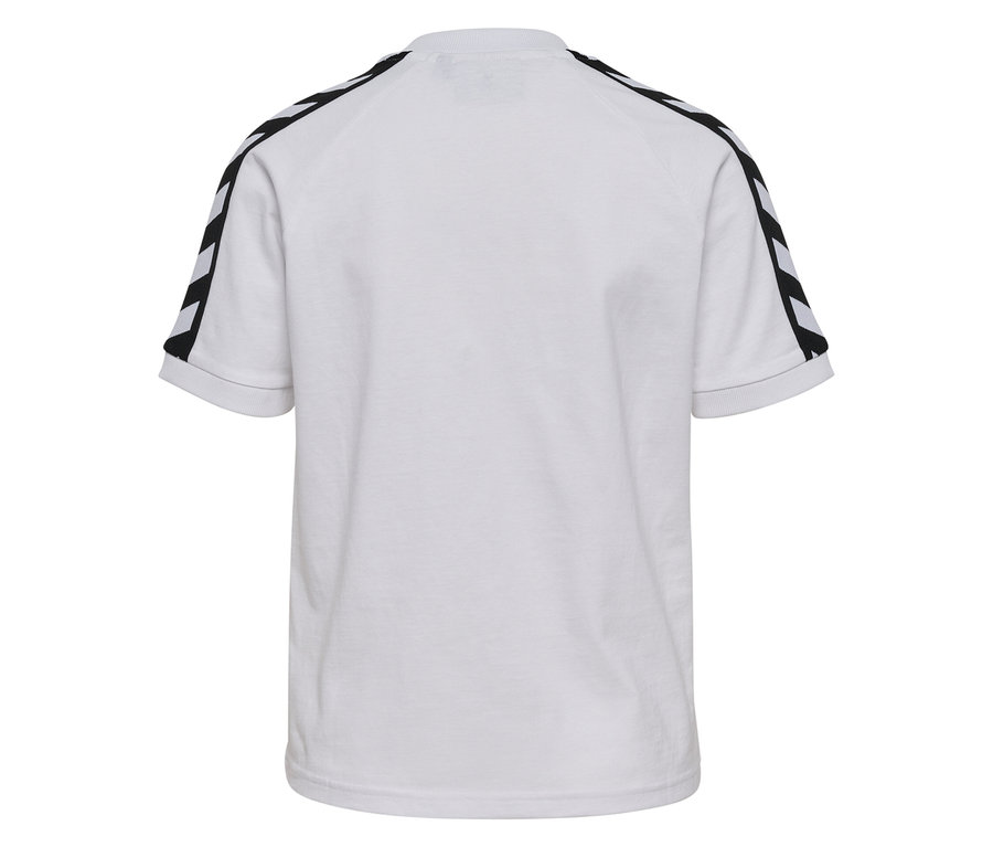 T-shirt hummel® pour femme blanc à manches courtes avec des rayures noires et blanches sur les épaules, vu de dos.