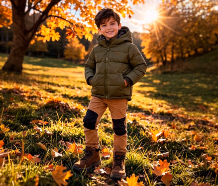 Un garçon souriant vêtu d'une doudoune verte, d'un pantalon marron avec des genouillères et de bottes marron, debout dans un parc automnal avec des feuilles oranges et du soleil.