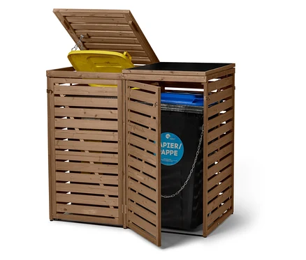 Deux abris en bois marron pour poubelles sont côte à côte. L'abri de gauche a un couvercle ouvert, révélant une poubelle jaune avec son couvercle également ouvert. L'abri de droite a une porte ouverte, dévoilant une poubelle noire avec un couvercle bleu et l'inscription "PAPIER/APPE".