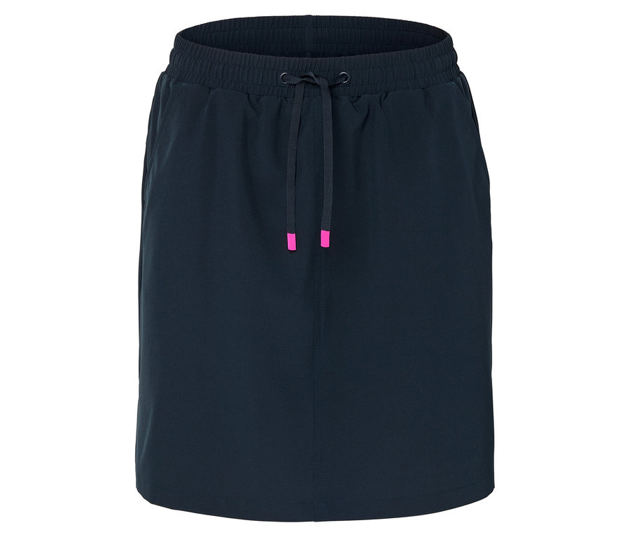 Jupe bleu marine avec cordon de serrage et détails roses.