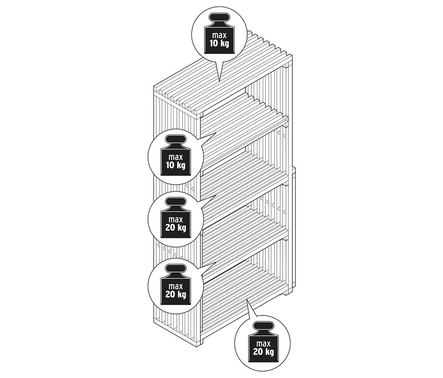 Schéma d'une étagère extensible « FLEKSIBEL » avec des instructions concernant la charge maximale.