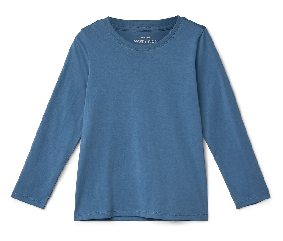 T-shirt bleu à manches longues posé sur un fond blanc.