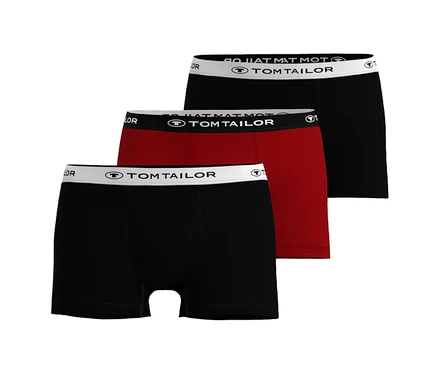 Trois boxers Tom Tailor « Buffer », dont deux noirs et un rouge foncé, sont empilés. Tous ont une ceinture blanche avec le logo Tom Tailor.