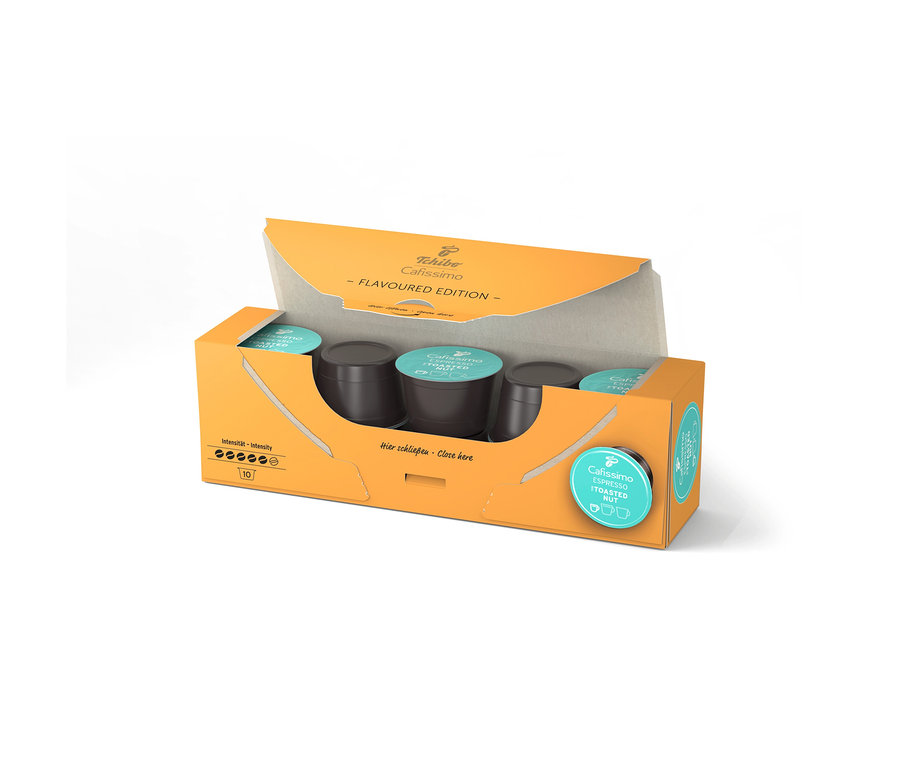 Emballage ouvert orange de Cafissimo Flavoured Espresso Toasted Nut avec 10 capsules, les capsules étant visibles à l'intérieur.
