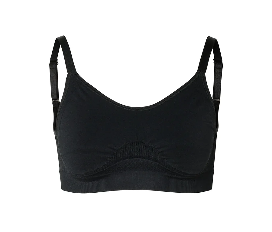 Soutien-gorge noir sans coutures avec bretelles réglables et bande inférieure côtelée.