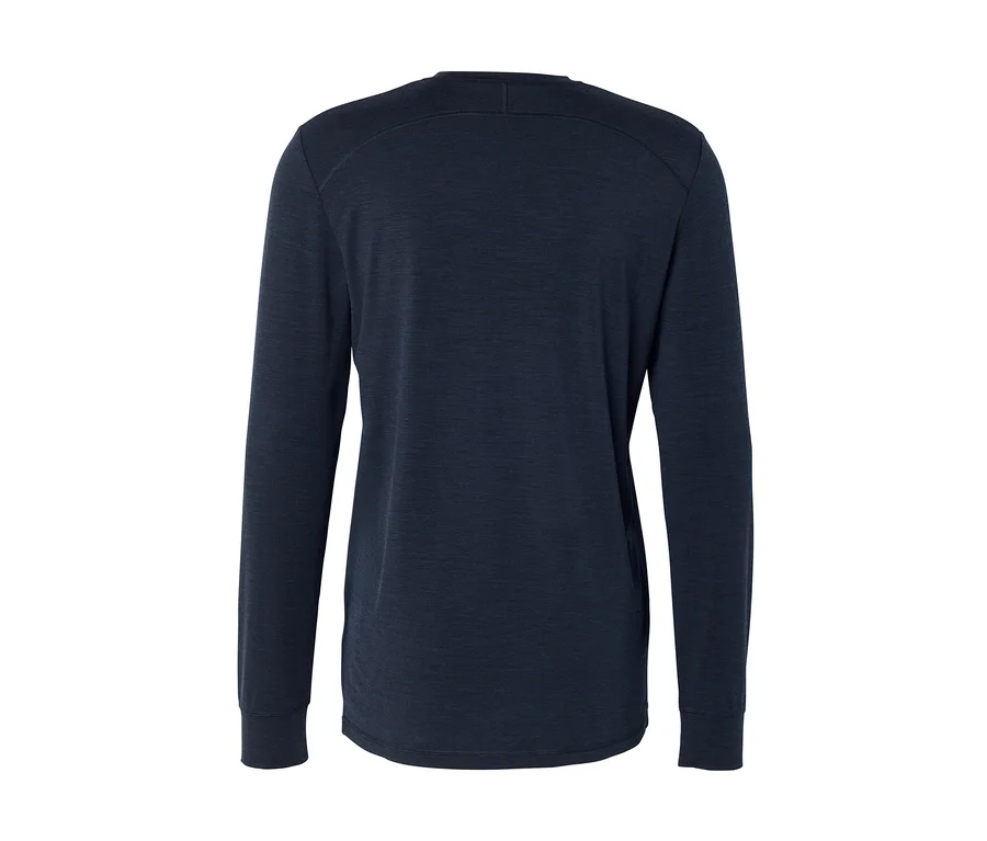 T-shirt à manches longues bleu foncé, vu de dos, avec des coutures visibles sur les épaules.