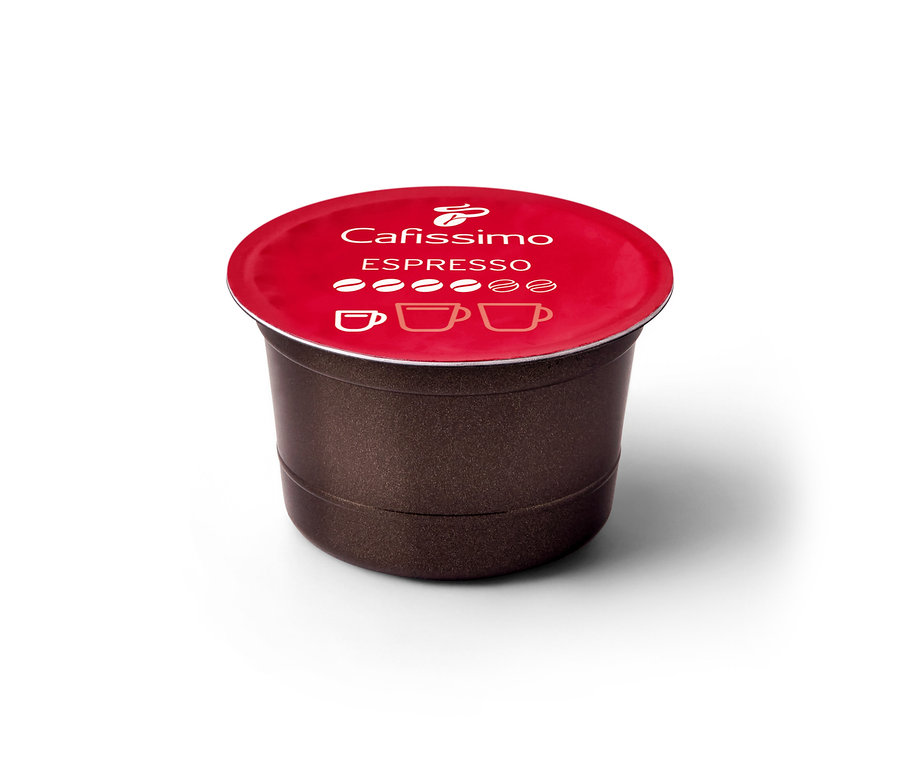 Une capsule individuelle Cafissimo Espresso elegant avec un couvercle rouge.