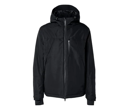 Veste noire à capuche avec fermeture éclair intégrale et poche poitrine.