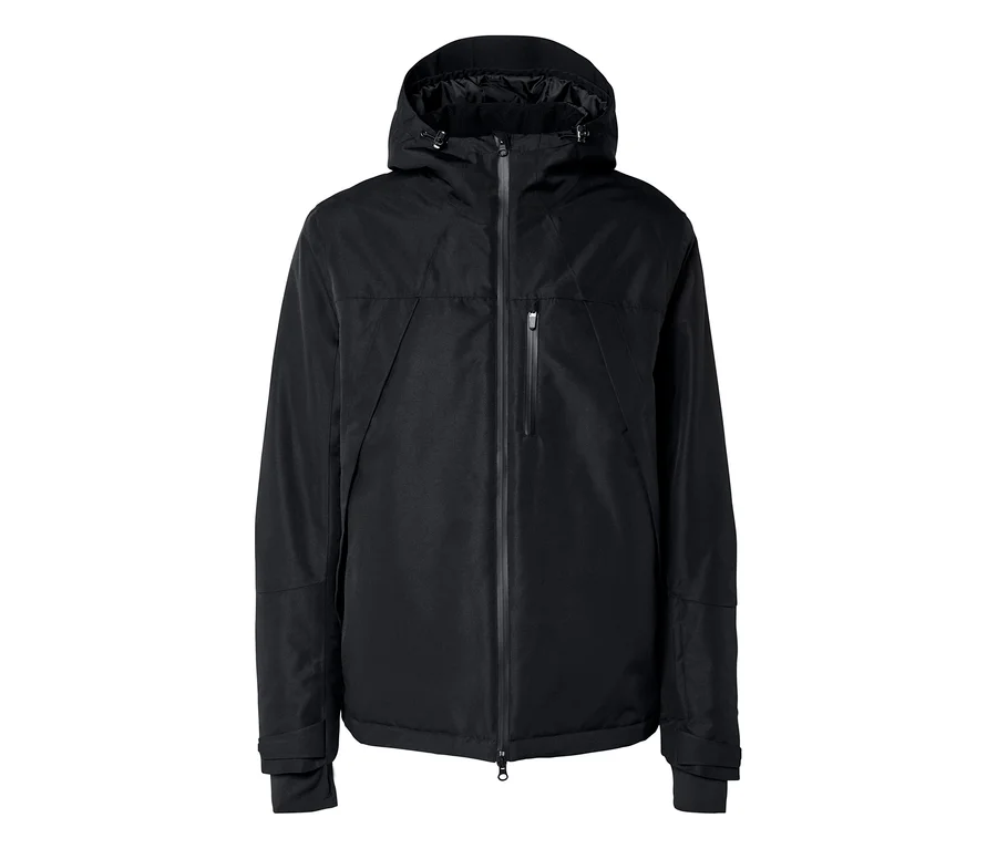 Veste noire à capuche avec fermeture éclair intégrale et poche poitrine.