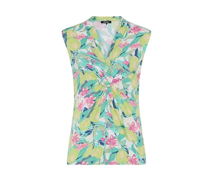 T-shirt Olsen sans manches avec col en V, un nœud décoratif à l'avant et un motif coloré de fruits vert clair, de fleurs roses et de feuilles turquoise sur fond blanc.