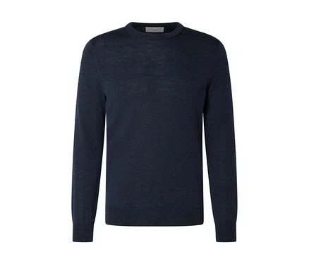 Pull à col rond et manches longues bleu foncé en maille fine, avec poignets et ourlet côtelés, présenté à plat sur fond blanc.