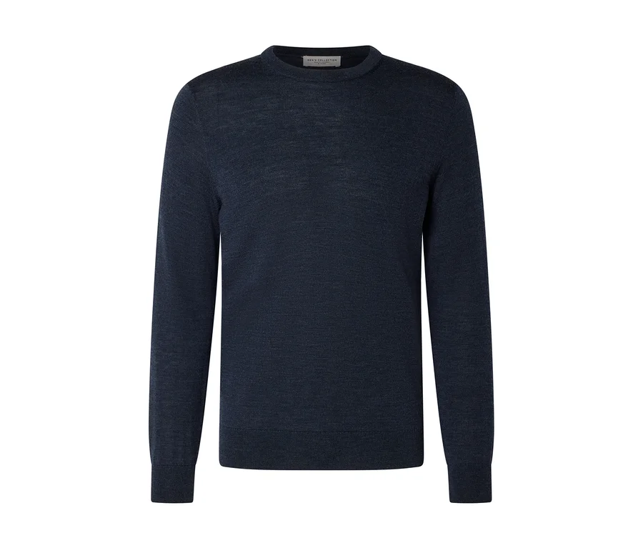 Pull à col rond et manches longues bleu foncé en maille fine, avec poignets et ourlet côtelés, présenté à plat sur fond blanc.