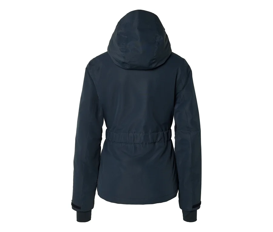 Veste bleu foncé vue de dos, avec une capuche, une taille ajustable et des poignets aux manches.