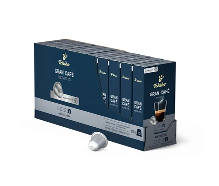 Un paquet de capsules Gran Café Ristretto de Tchibo. Une tasse de café est illustrée sur l'emballage.