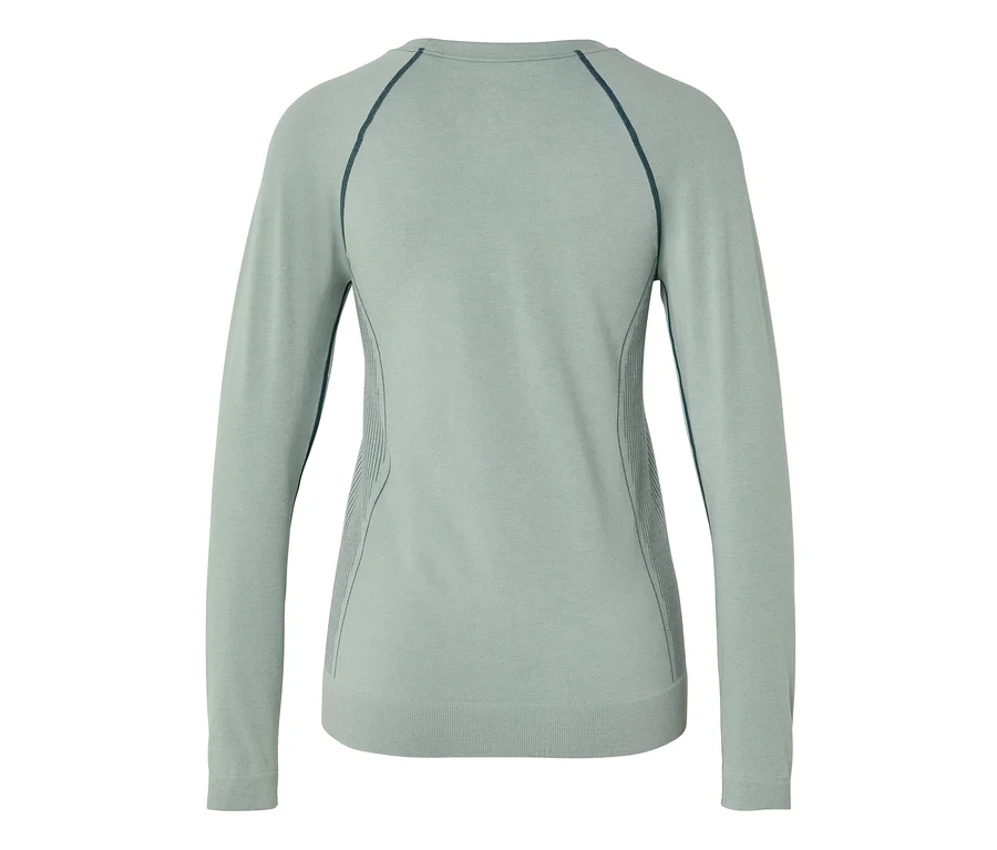 T-shirt vert clair à manches longues avec coutures foncées et panneaux latéraux côtelés, vue de dos.