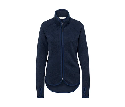 Veste en polaire bleu foncé à manches longues avec fermeture éclair au centre.