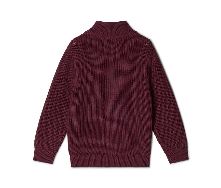 Vue de dos d'un pull en maille bordeaux avec un col montant, des poignets et un ourlet côtelés.