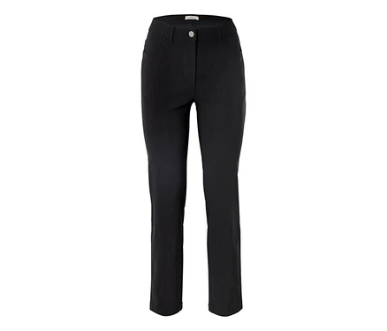 Pantalon long noir avec jambe droite et bouton argenté.