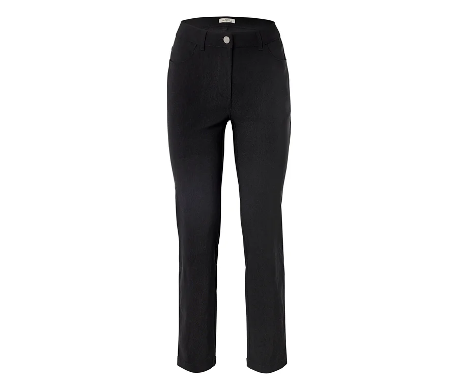 Pantalon long noir avec jambe droite et bouton argenté.