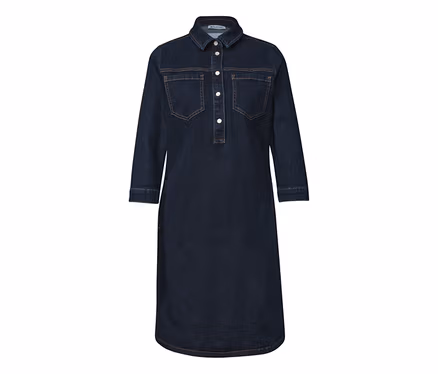 Robe en jean Street One bleu foncé avec col, manches longues, deux poches poitrine et patte de boutonnage.
