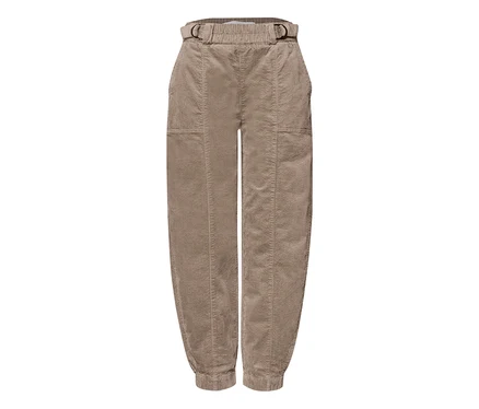 Pantalon en velours côtelé Street One beige clair avec taille élastique, ceinture à anneaux en D, poches plaquées avant et chevilles élastiquées.