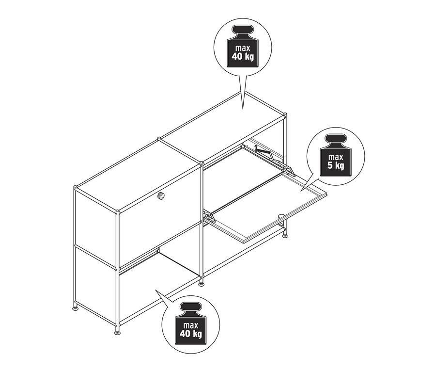 Schéma d'un buffet en métal avec 2 compartiments à abattants amovibles, indiquant une charge maximale de 40 kg pour les étagères supérieure et inférieure et de 5 kg pour les compartiments à abattants.