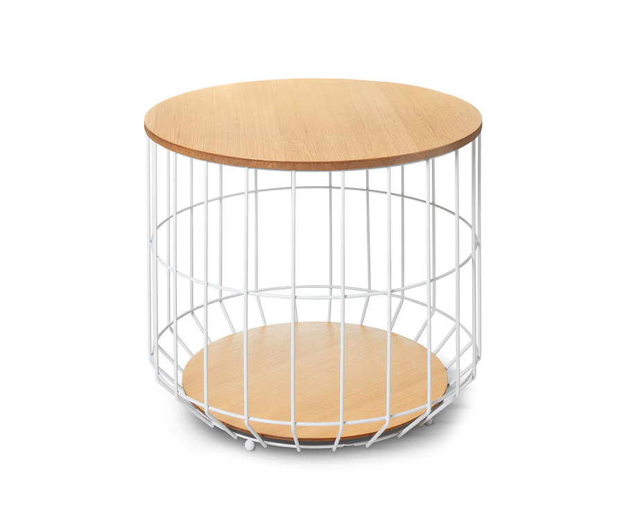 Table de salon avec plateau amovible, avec un cadre en fil de fer blanc et un plateau rond en bois.