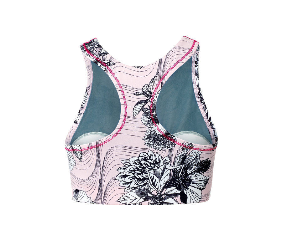 Détail d'une brassière de sport avec un motif floral.