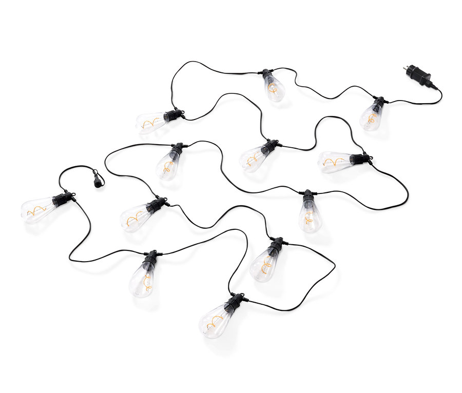 Une guirlande lumineuse avec ampoules LED à filament et des câbles noirs sur un fond blanc.