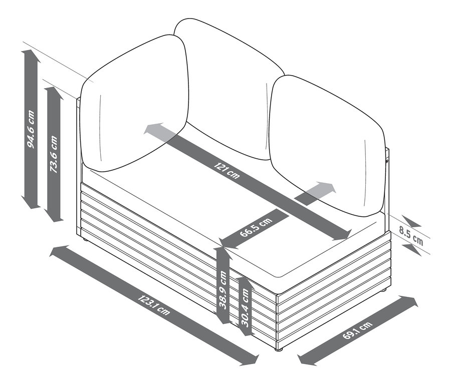 Schéma d'un module 3 places avec coussin de relaxation confortable et dimensions.