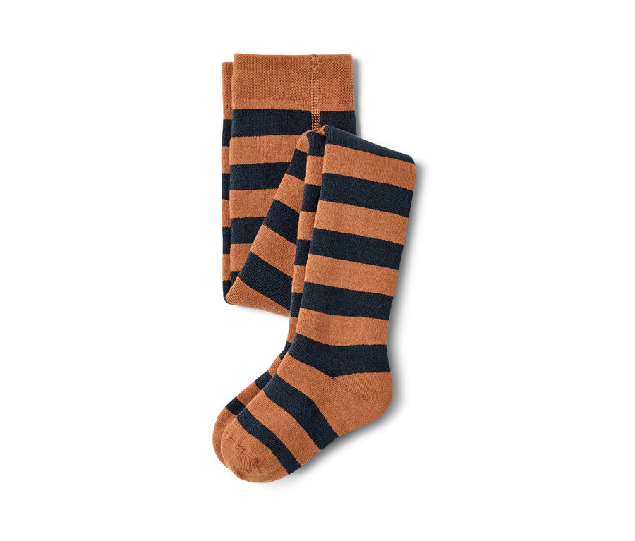 Deux paires de collants thermiques bleus avec des rayures marron.