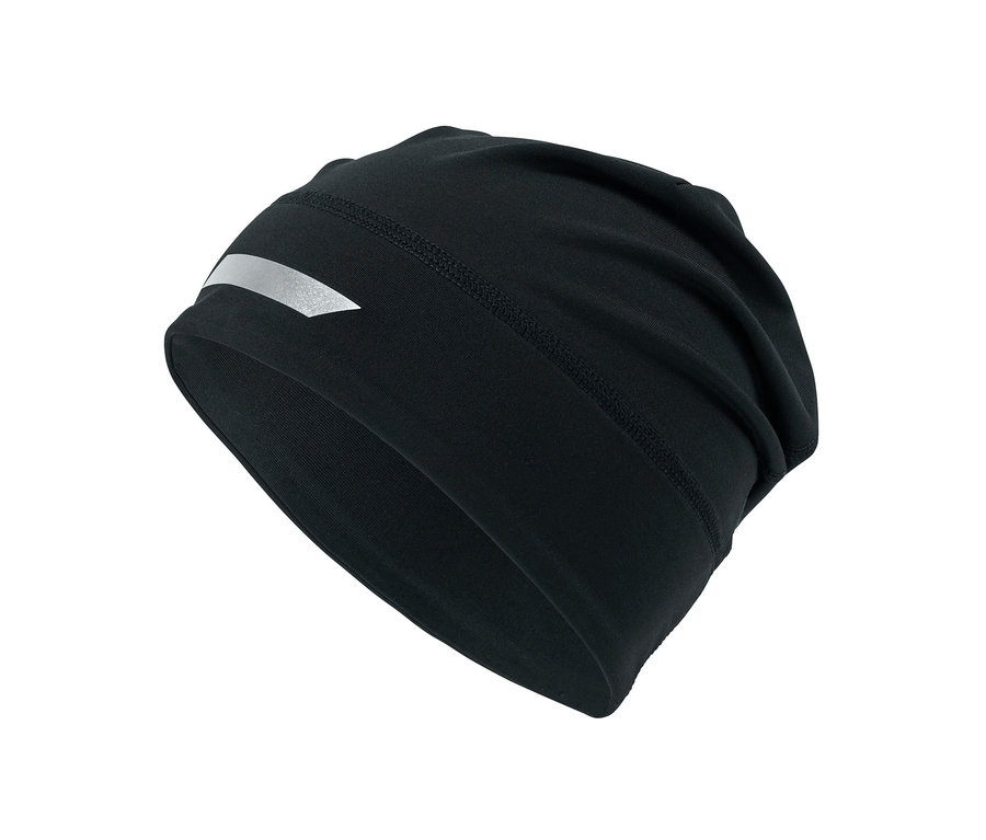 Bonnet thermique noir avec imprimé réfléchissant.