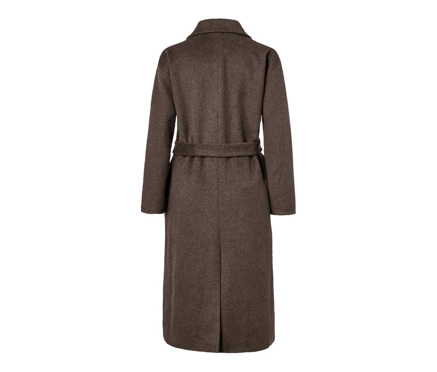 Vue arrière d'un manteau marron en laine mélangée.