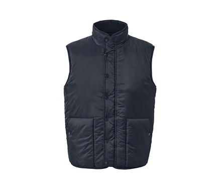 Une veste réversible bleu marine avec des boutons et des poches.