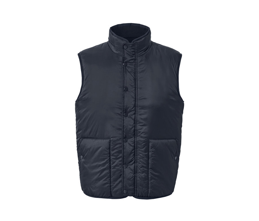 Une veste réversible bleu marine avec des boutons et des poches.