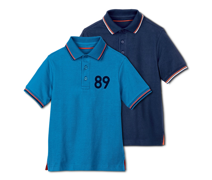 Deux polos : un bleu clair avec le numéro 89 et un bleu marine.