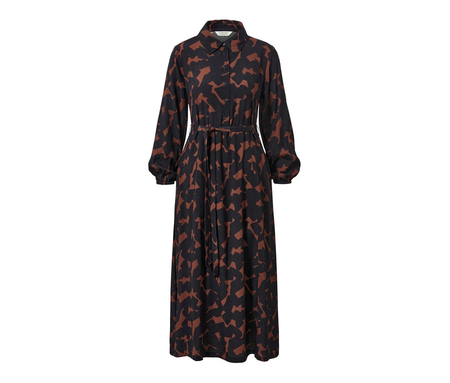 Robe tissée imprimée noire avec motif marron.