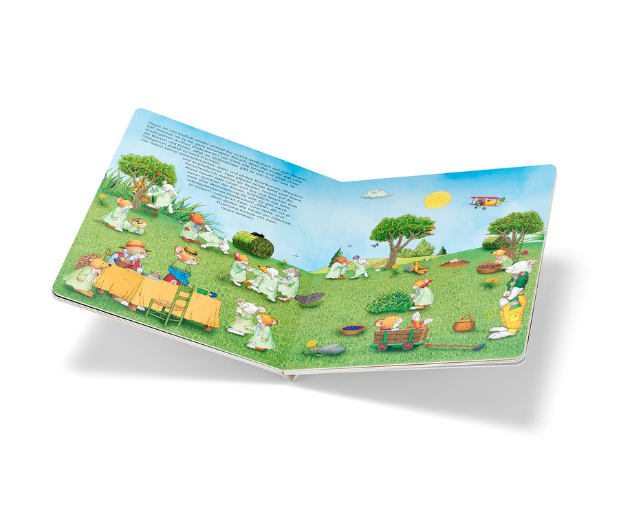 Un livre ouvert présente une illustration avec des personnages de souris dans un paysage. Livre d’images : « Durch das Jahr mit Leo Lausemaus » (en allemand).