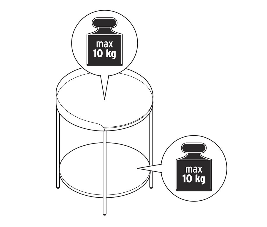 Illustration d'une table basse avec plateau en céramique aspect marbre avec une capacité de charge maximale de 10 kg.