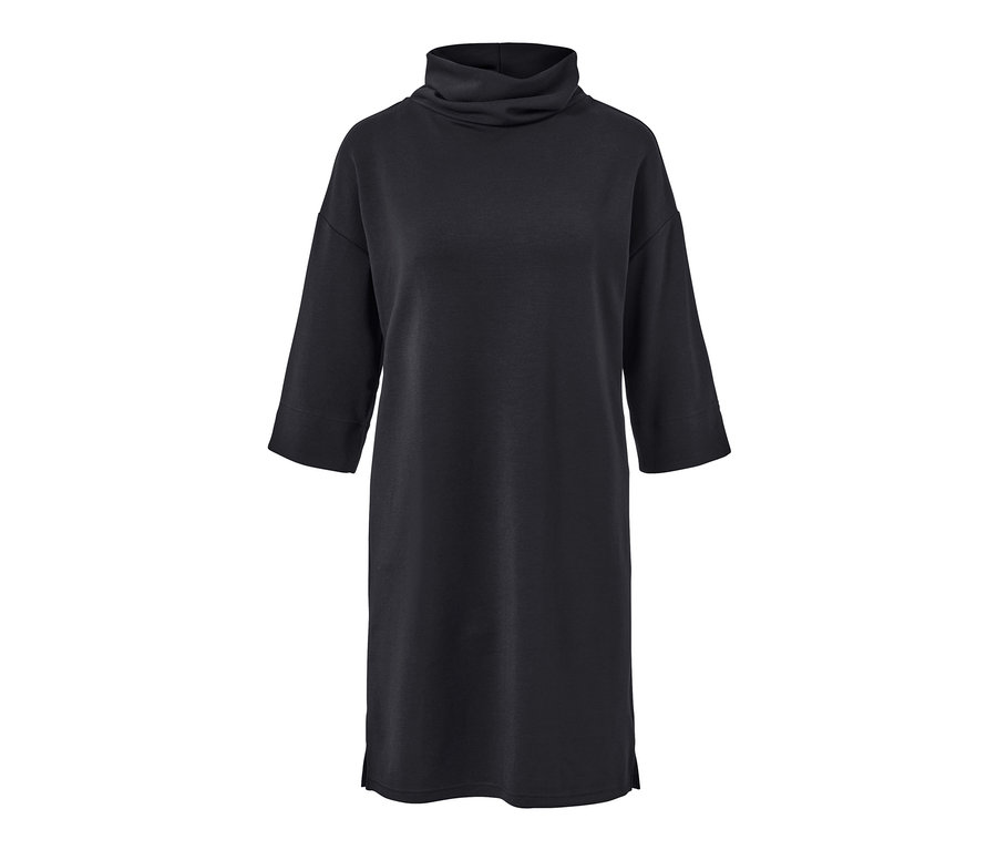 Robe en sweat noire en mélange de modal avec col roulé et manches trois-quarts.