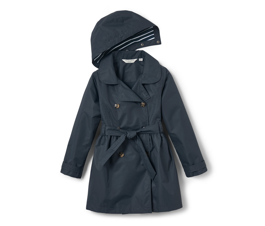 Trenchcoat tout-temps pour enfant bleu marine avec capuche et ceinture.