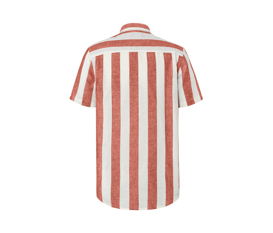 Vue arrière d'une chemise à manches courtes en lin avec des rayures verticales rouges et blanches.