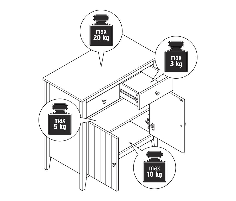 Schéma d'un buffet avec portes ouvertes et tiroir.