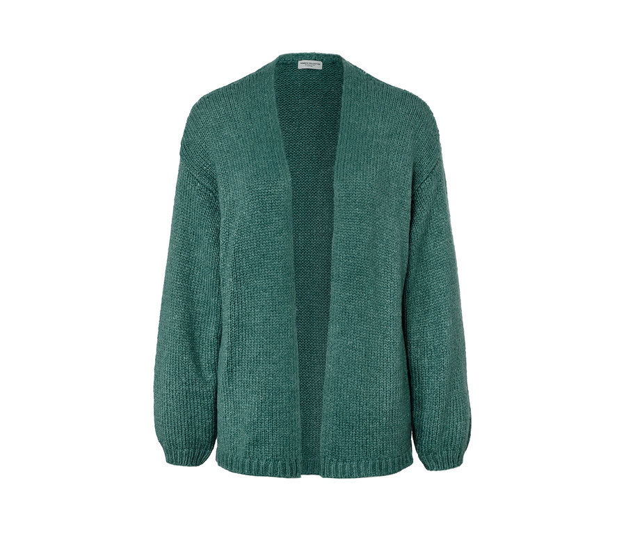 Cardigan ouvert en grosse maille vert.