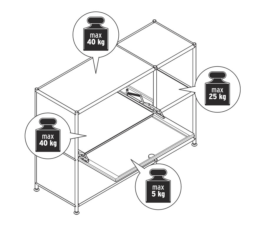 Schéma d'un buffet en métal blanc « CN3 » à 2 abattants, avec une capacité de charge maximale de 40 kg sur les étagères supérieure et inférieure, de 25 kg sur l'étagère intérieure et de 5 kg sur les abattants.